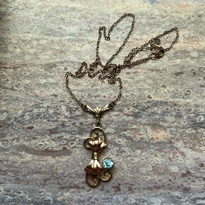 Antique Gold Filled Bow Necklace With Single Blue Paste Stone